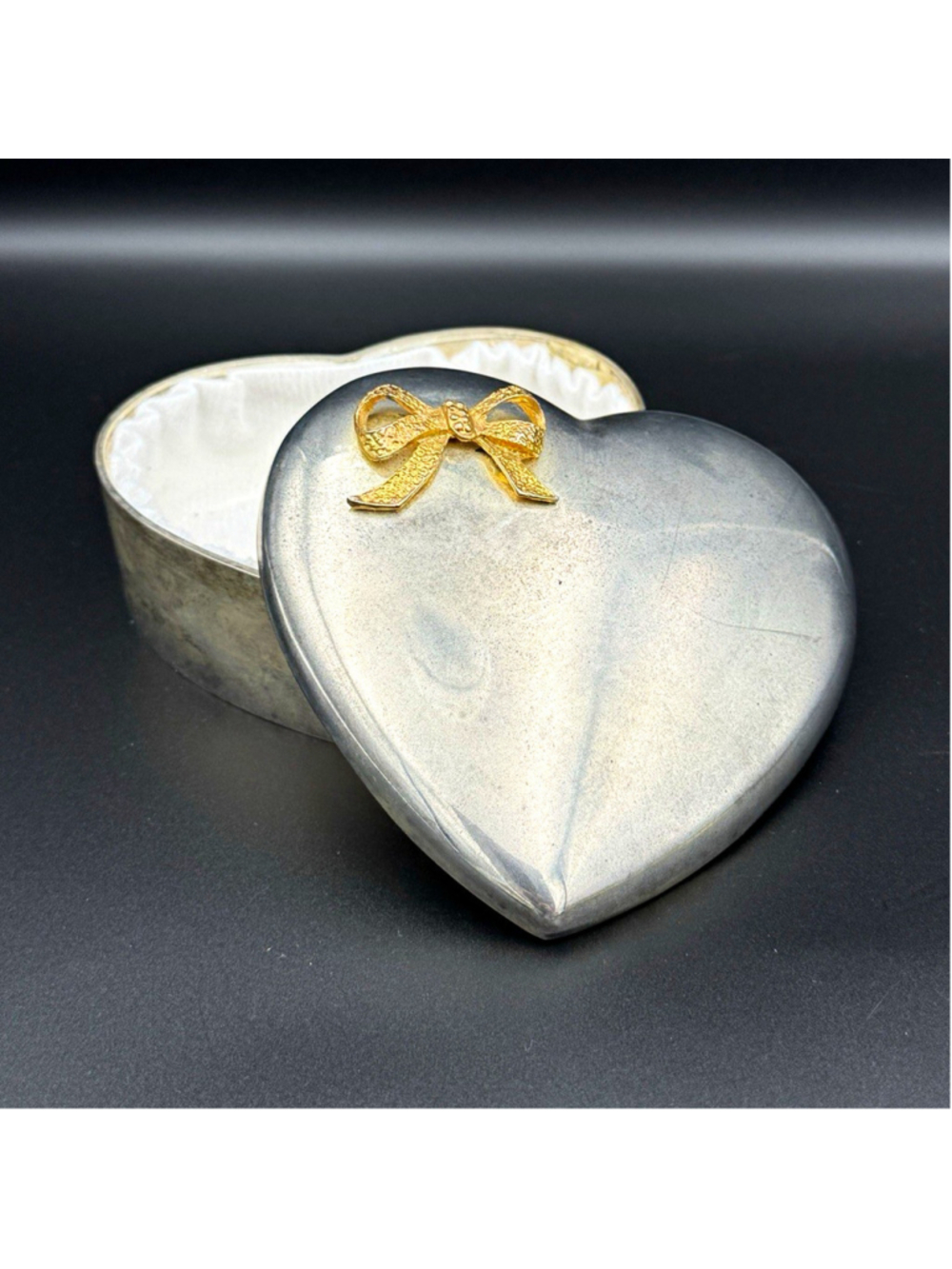 Vintage Coquette Heart Shaped Trinket Box, Silver Tone with Gold Tone Bow - Picture 2 of 5